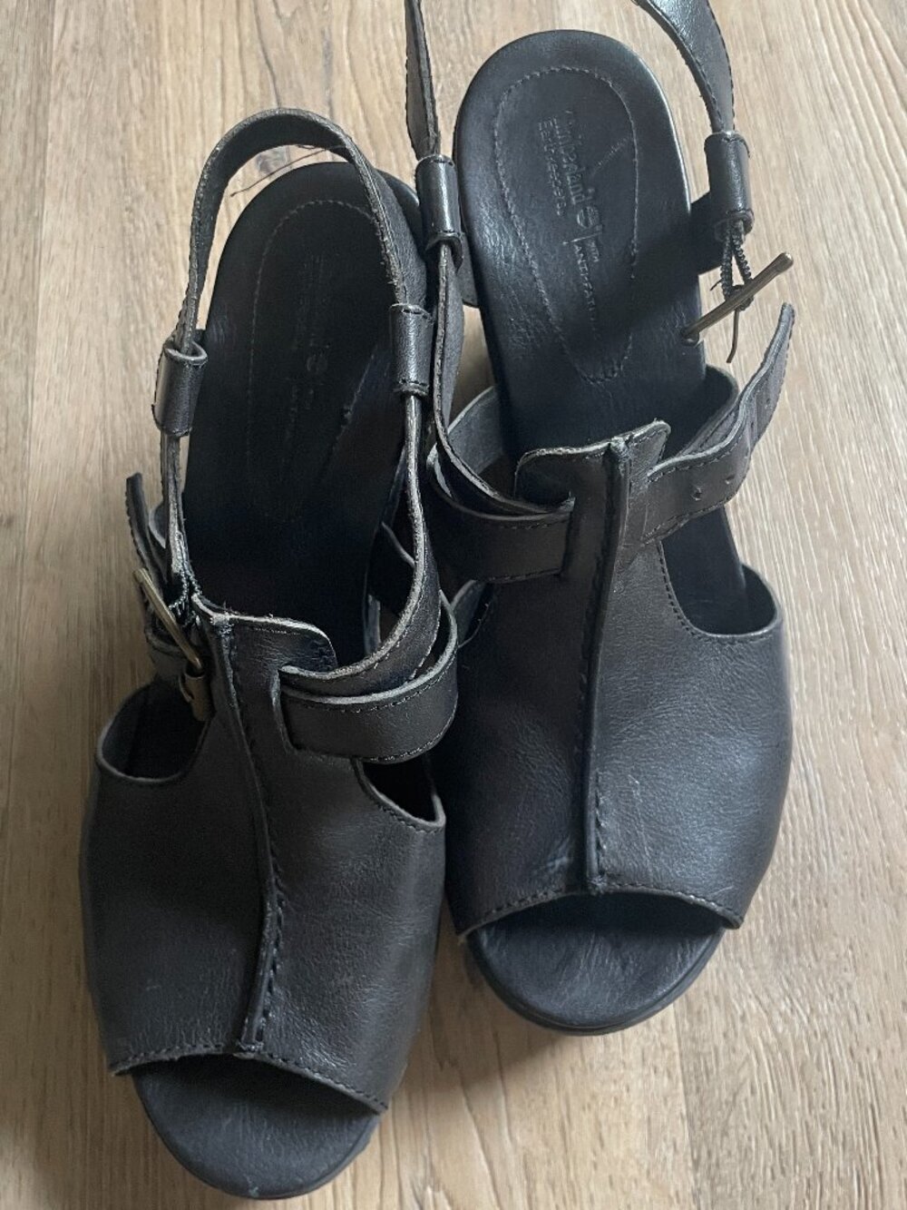 Timberland Earthkeepers Women DANFRTH Black Leather Wedge Strappy Sandals 7.5